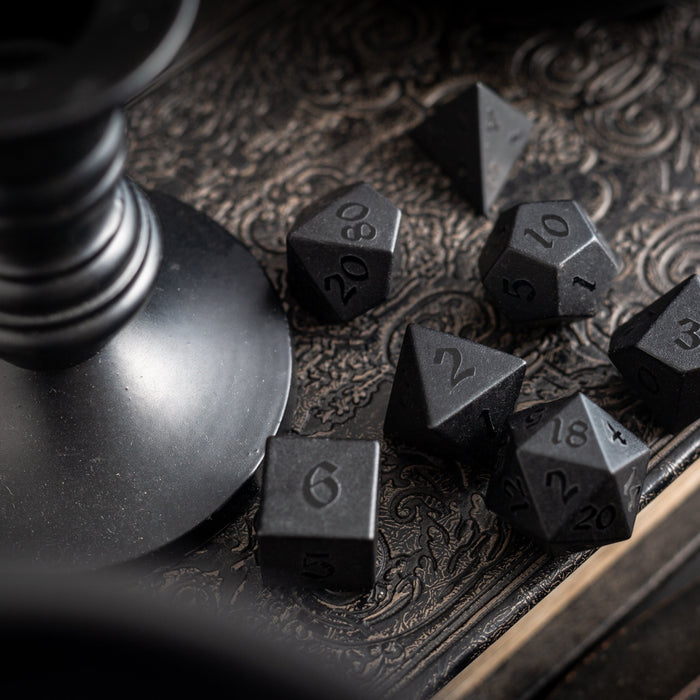 Gemstone Black Night Raised Obsidian Hand Carved Polyhedral Dice (And Box) DND Set - Premium Gemstone Dice - Just $17.99! Shop now at Retro Gaming of Denver