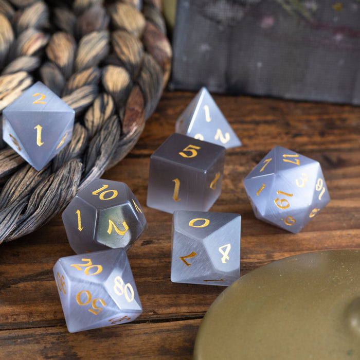 Hand Carved  Gemstone Gray Cats Eye Stone (And Box) Polyhedral Dice DnD Dice Set - Premium Gemstone Dice - Just $16.99! Shop now at Retro Gaming of Denver