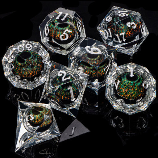 7 Piece Handcrafted Sharp Edged Dice Set With Liquid Core Eyeball - for just $29.99! 