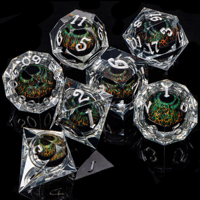 7 Piece Handcrafted Sharp Edged Dice Set With Liquid Core Eyeball - for just $29.99! 