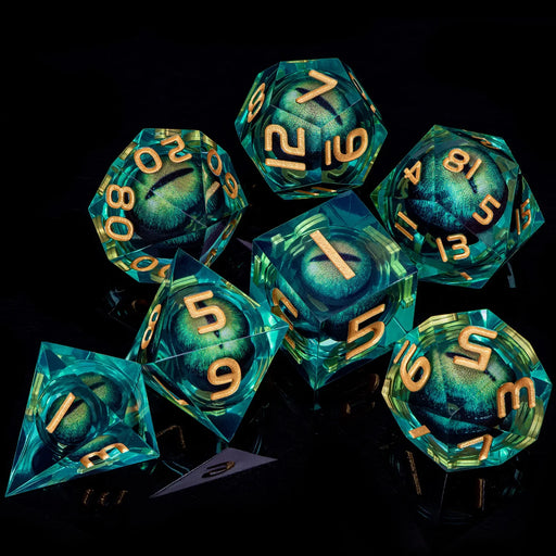 7 Piece Handcrafted Sharp Edged Dice Set With Liquid Core Eyeball - for just $29.99! 