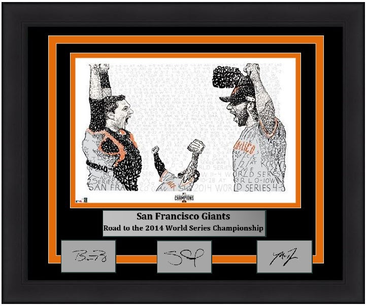 Madison Bumgarner, Pablo Sandoval, & Buster Posey San Francisco Giants 2014 World Series 16" x 20" Framed Word-Art Photo with Engraved Autographs - for just $119.99! 