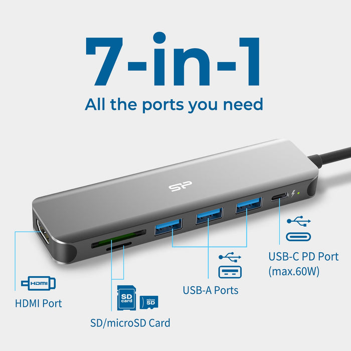 Silicon Power SU20 7-in-1 Docking Station with HDMI, USB Type-A, USB-C PD, SD, and microSD ports - for just $35.99! 