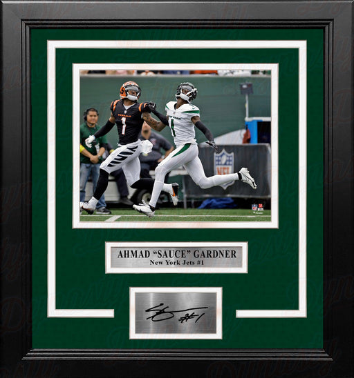 Ahmad 'Sauce' Gardner in Action New York Jets 8" x 10" Framed Football Photo with Engraved Autograph - for just $79.99! 
