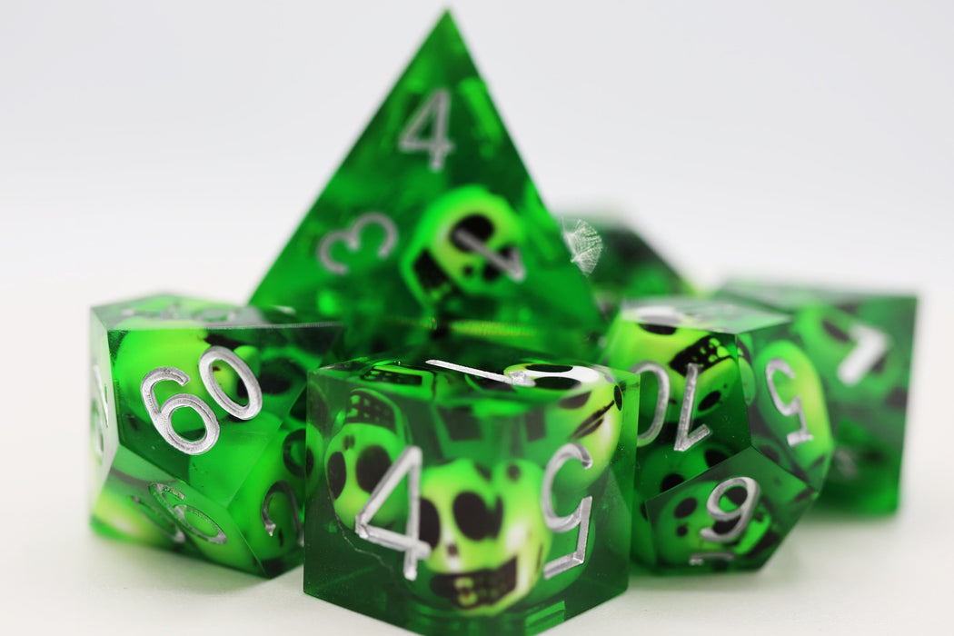 Sharp Edge Resin RPG Dice Set - Green Skulls - for just $49.99! 
