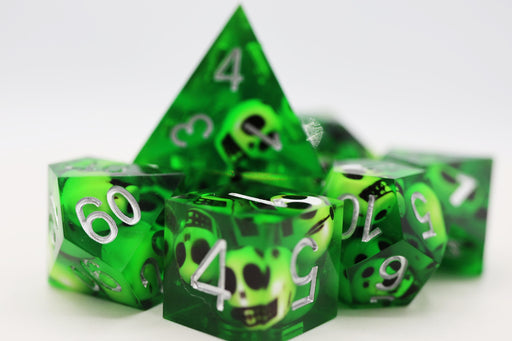 Sharp Edge Resin RPG Dice Set - Green Skulls - for just $49.99! 