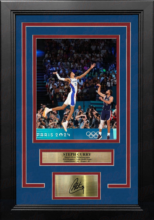 Steph Curry Shoots Over Wembanyama 8" x 10" Framed Olympics Basketball Photo with Engraved Autograph - for just $79.99! 
