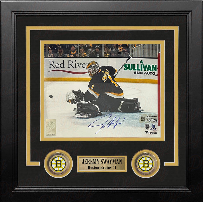Jeremy Swayman Glove Save Boston Bruins Autographed 8" x 10" Framed Hockey Photo - for just $119.99! 