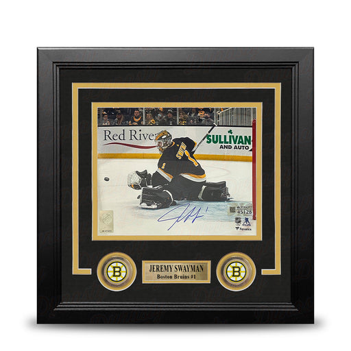 Jeremy Swayman Glove Save Boston Bruins Autographed 8" x 10" Framed Hockey Photo - for just $119.99! 