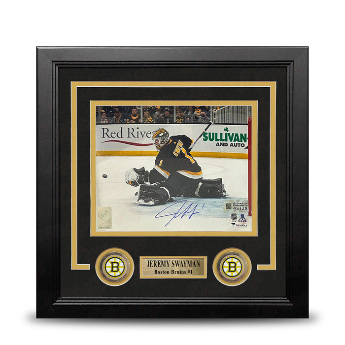 Jeremy Swayman Glove Save Boston Bruins Autographed 8" x 10" Framed Hockey Photo - for just $119.99! 