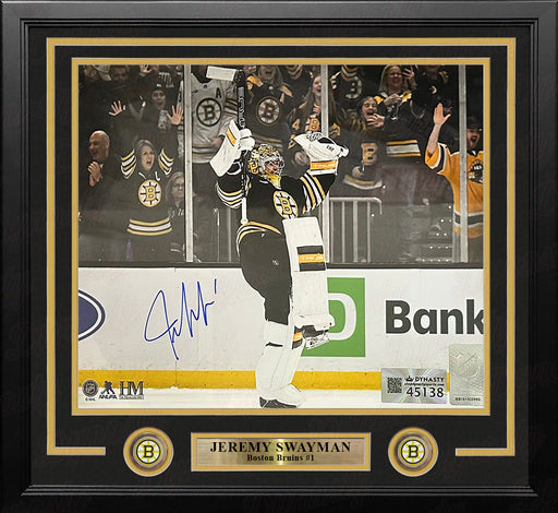 Jeremy Swayman Celebration Boston Bruins Autographed 16" x 20" Framed Hockey Photo - for just $199.99! 