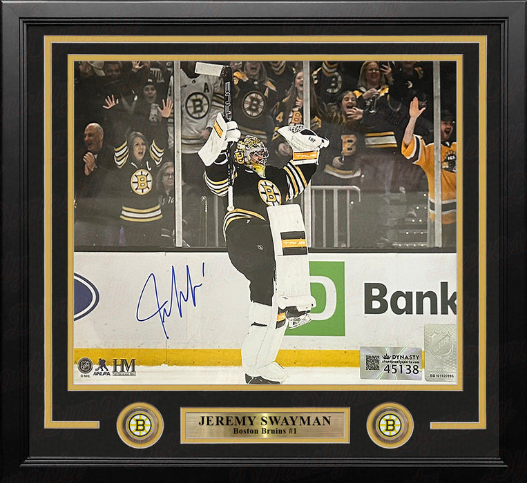 Jeremy Swayman Celebration Boston Bruins Autographed 16" x 20" Framed Hockey Photo - for just $199.99! 