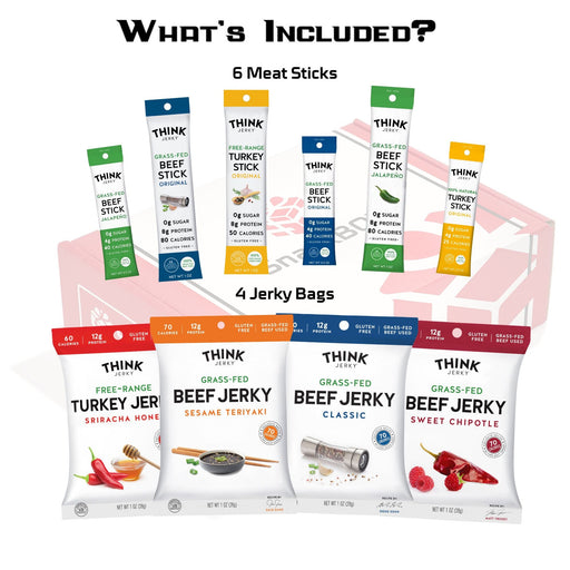 Think Jerky Grass Fed Beef Free Range Turkey Jerky Care Package (10 Snacks) | By SnackBOX - for just $33.99! 