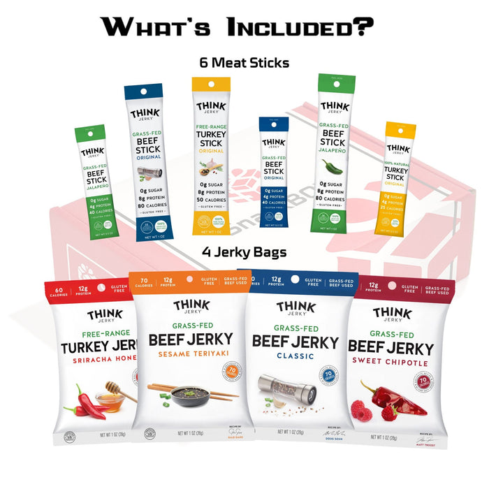 Think Jerky Grass Fed Beef Free Range Turkey Jerky Care Package (10 Snacks) | By SnackBOX - for just $33.99! 