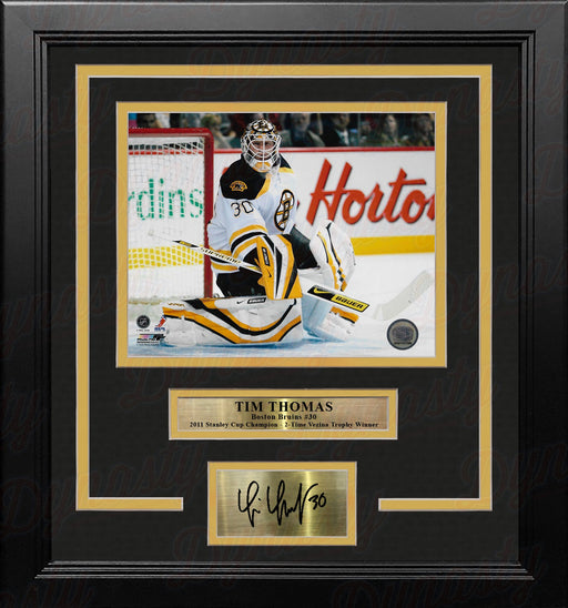 Tim Thomas in Action Boston Bruins 8" x 10" Framed Hockey Photo with Engraved Autograph - for just $79.99! 