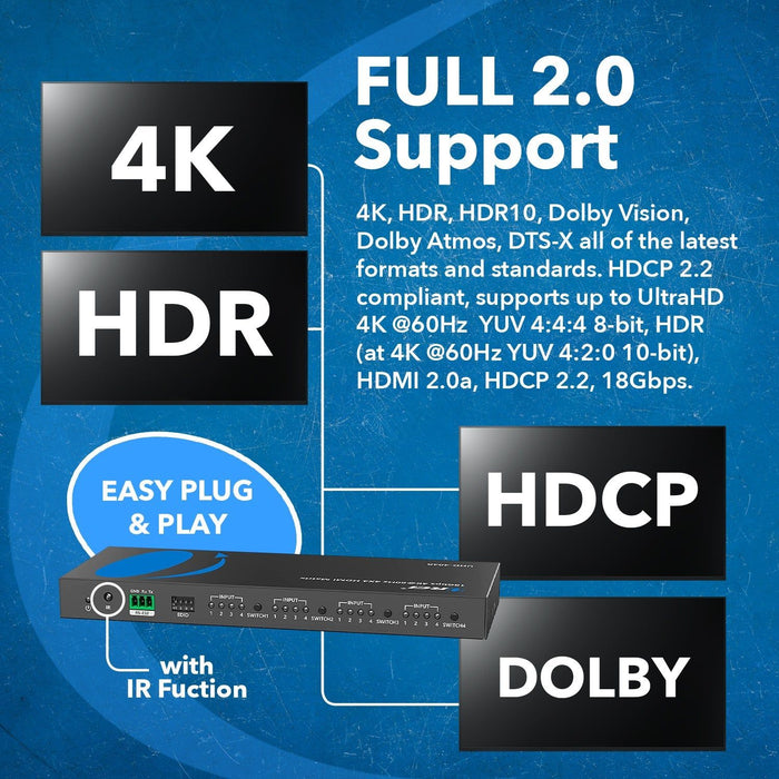 4K 4x4 HDMI Matrix Switch - Supports UltraHD 4K@60Hz 4:4:4, HDR10, RS-232 (UHD-404R) - Just $129! Shop now at Retro Gaming of Denver