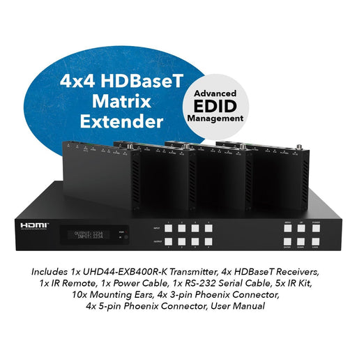 4x4 HDMI Extender With HDBaseT Over CAT5e/6/7 Upto 400 Ft - IR Control & EDID Management (UHD44-EXB400R-K) - Just $1199.99! Shop now at Retro Gaming of Denver