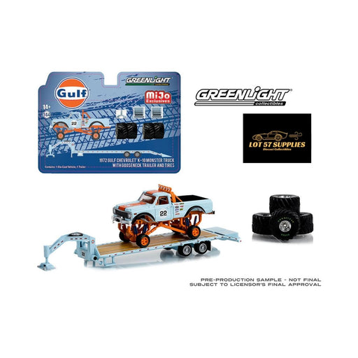 LOOSE Greenlight 1972 Chevrolet K-10 Monster Truck With Gooseneck Trailer & Tires Gulf Racing 1:64 - Premium Chevrolet - Just $24.99! Shop now at Retro Gaming of Denver