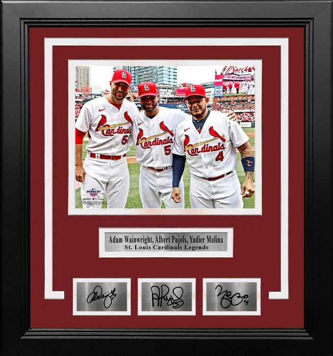 Adam Wainwright, Albert Pujols, & Yadier Molina Cardinals 8x10 Framed Photo with Engraved Autographs - for just $79.99! 