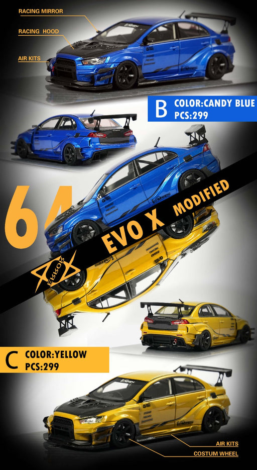 Error404 Model Mitsubishi Evolution X Varis Widebody in Candy Blue OR Yellow 1:64 Each Limited to 299 Pcs - for just $74.99! 