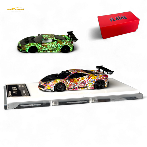Flame Ferrari 458 GT LB Wide-Body - Takashi Murakami Flower Livery - Glows in dark 1:64 Resin - for just $79.99! 
