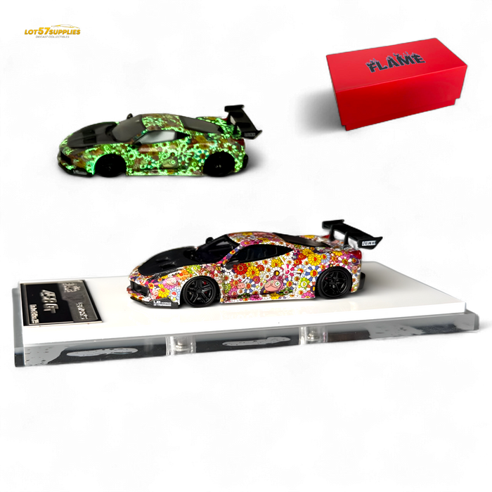 Flame Ferrari 458 GT LB Wide-Body - Takashi Murakami Flower Livery - Glows in dark 1:64 Resin - for just $79.99! 