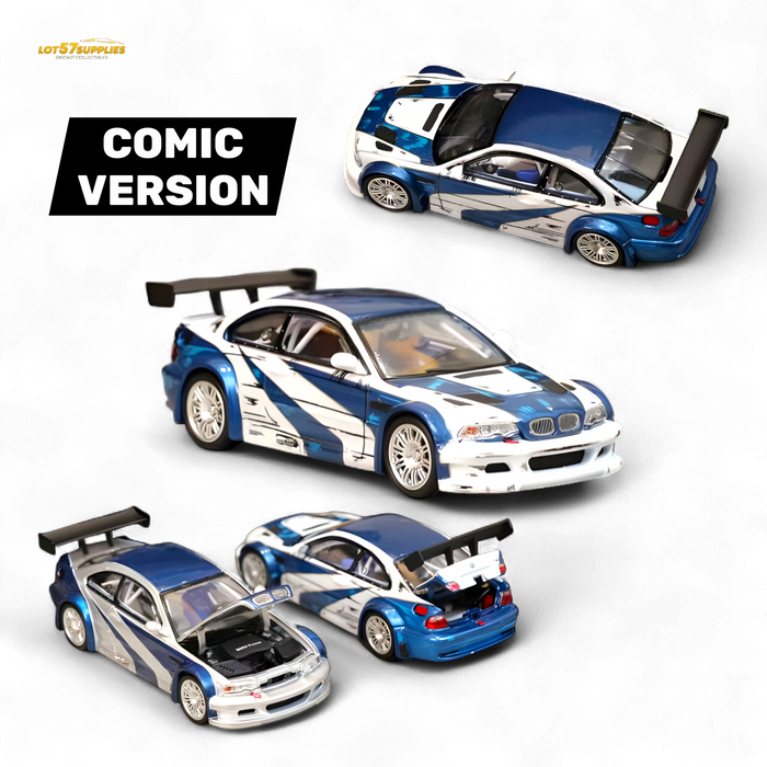 (Pre-Order) Ghost Player BMW E46 M3 GTR White Blue Comic NFS Livery 1:64 - for just $39.99! 