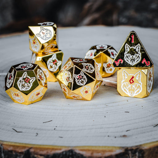 Wolves' Den Red, White, and Gold Metal Dice Set - Just $39.99! Shop now at Retro Gaming of Denver