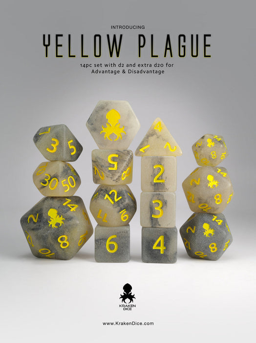 Kraken Dice Yellow Plague Glow in the Dark 14 pc Dice Set - for just $23.99! 