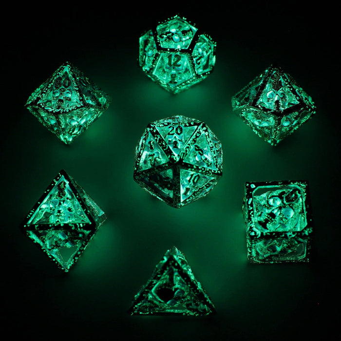 Skull's Grin Hollow Metal Dice Set - Glow in the Dark Blue - for just $89.99! 
