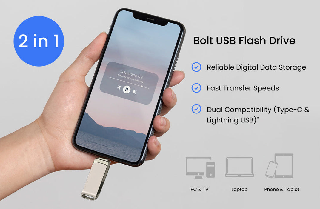 Bolt Dual USB Flash Drive - Type C & Lightning - Apple iPhone Compatible - for just $12.99! 