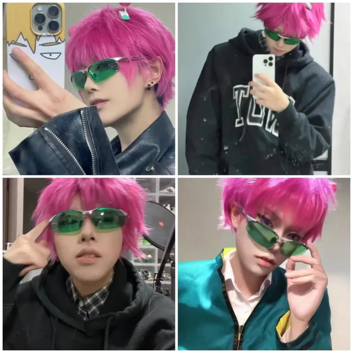 Saiki Kusuo Cosplay Wig – Pink Wig with Hairpins & Green Glasses Set - for just $42.95! 