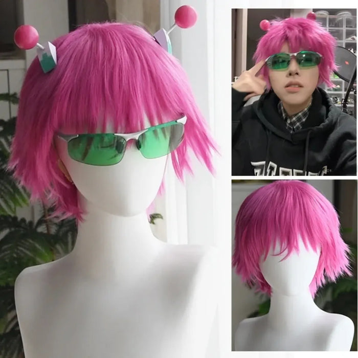 Saiki Kusuo Cosplay Wig – Pink Wig with Hairpins & Green Glasses Set - for just $43.95! 