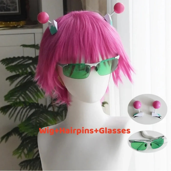 Saiki Kusuo Cosplay Wig – Pink Wig with Hairpins & Green Glasses Set - for just $42.95! 