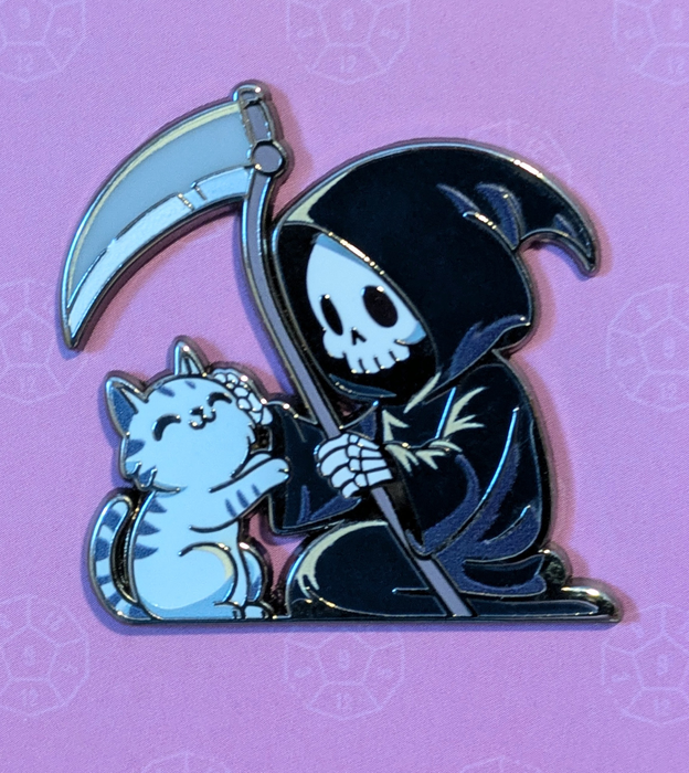 Grim Reaper Petting Cat Hard Enamel Pin - 1.5" - for just $9.50! 