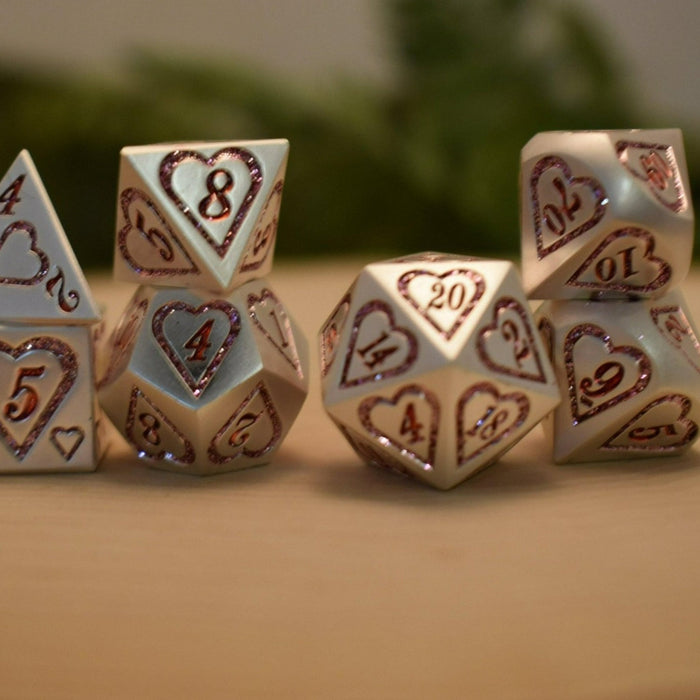 Valentine Pink and Silver Heart Metal Dice Set - Just $39.99! Shop now at Retro Gaming of Denver