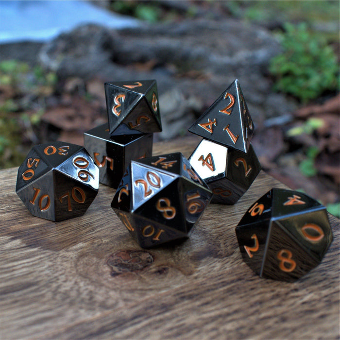 Black and Orange Sharp-Edged Metal Dice - Just $39.99! Shop now at Retro Gaming of Denver