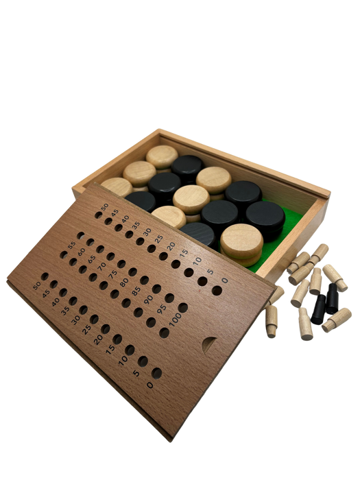 Magnetic Clasp Storage Box With  2 Pegs; Scoring Track for Std Crokinole + 28 discs (2024 Version) - for just $24.95! 