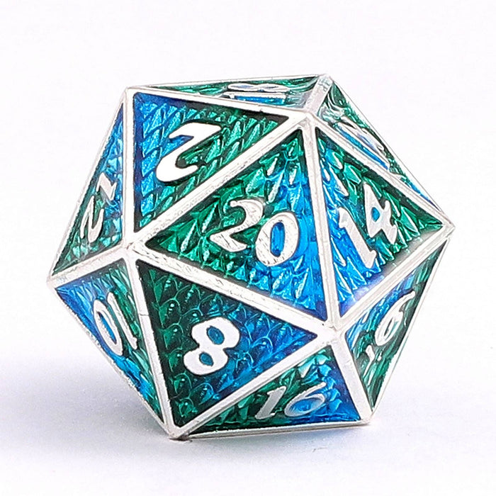 Solid Metal Mini Behemoth Dice set - Silver with Green Blue - for just $29.99! 