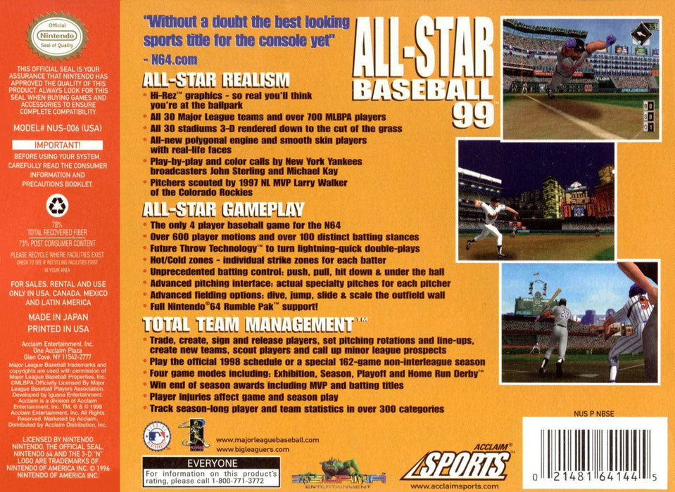 All-Star Baseball 99 [In Box] [Missing Manual] – Nintendo 64 (N64) - for just $24.99! 