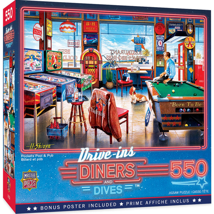 Drive-Ins, Diners & Dives - Pockets Pool & Pub 550 Piece Jigsaw Puzzle - Just $14.99! Shop now at Retro Gaming of Denver