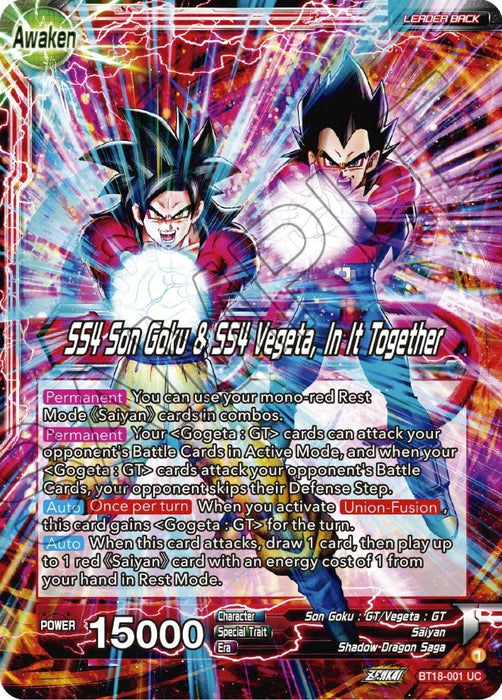 Son Goku & Vegeta // SS4 Son Goku & SS4 Vegeta, In It Together (BT18-001) [Dawn of the Z-Legends] - for just $0.10! 