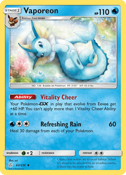 Vaporeon (42/236) [Sun & Moon: Cosmic Eclipse] - for just $0.80! 