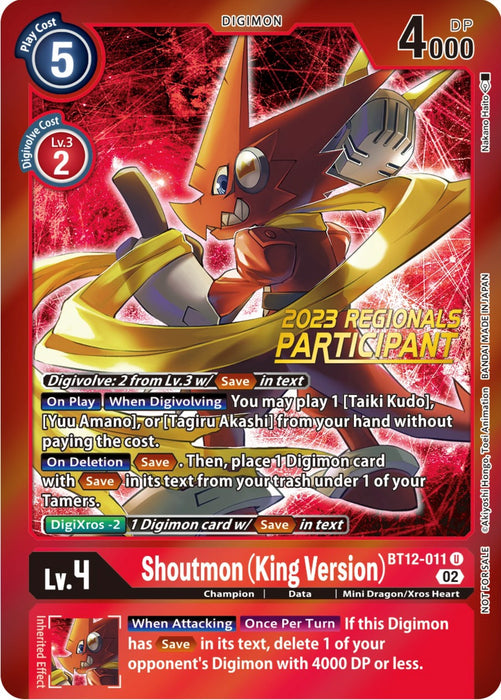 Shoutmon (King Version) [BT12-011] (2023 Regionals Participant) [Across Time Promos] - Just $0.40! Shop now at Retro Gaming of Denver