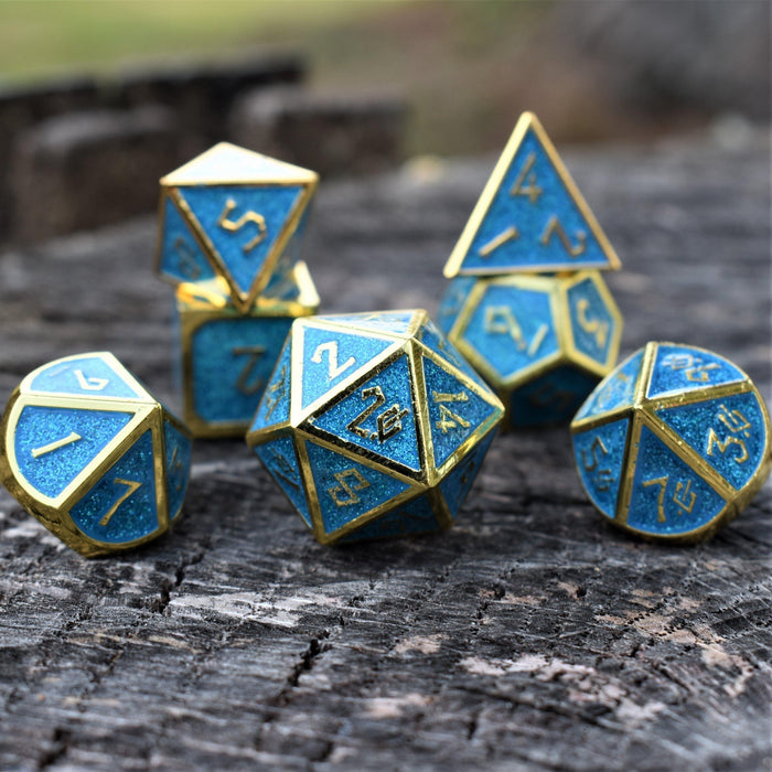 Elder Runes Glitter Aqua And Gold Metal Dice Set - Just $39.99! Shop now at Retro Gaming of Denver