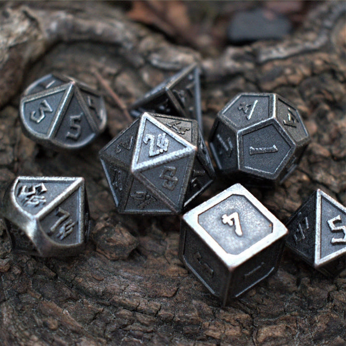 Elder Runes Battle-Worn Silver Metal Dice Set - Just $39.99! Shop now at Retro Gaming of Denver