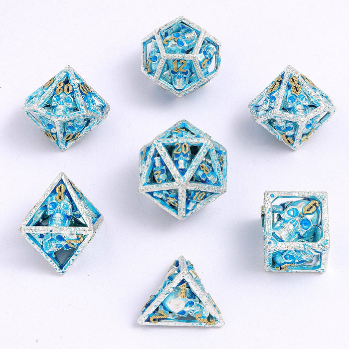 Skull's Grin Hollow Metal Dice Set - Glow in the Dark Blue - for just $89.99! 