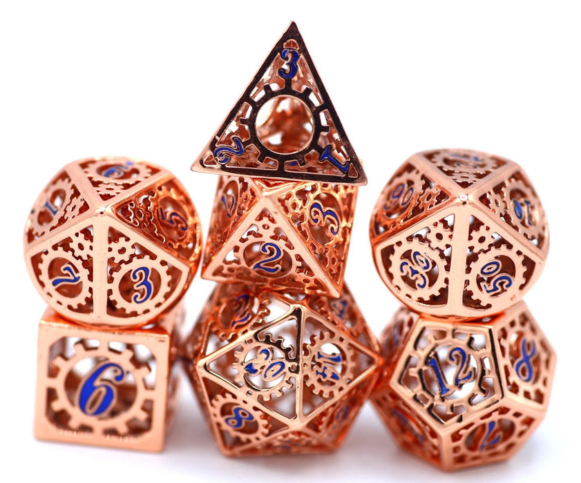 Copper with Blue Enamel Hollow Metal Gears of Providence Polyhedral Dice Set - for just $69.99! 