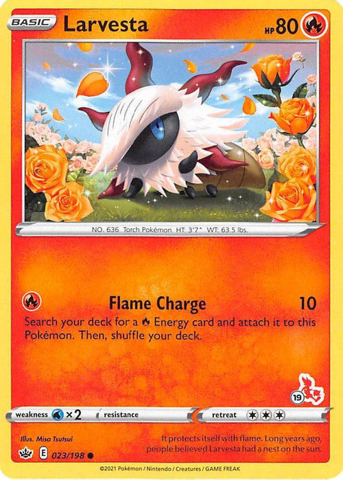 Larvesta (23/198) (Cinderace Stamp #19) [Battle Academy 2022] - for just $0.10! 
