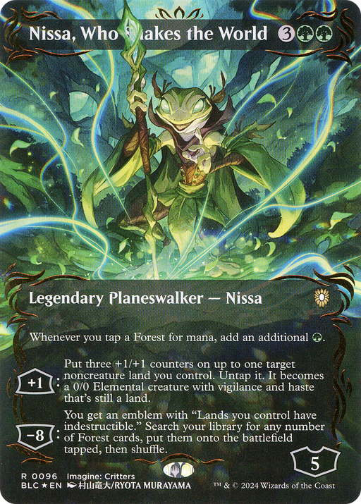 Nissa, Who Shakes the World (BLC-096) - Bloomburrow Commander (Borderless) Foil - for just $27.93! 